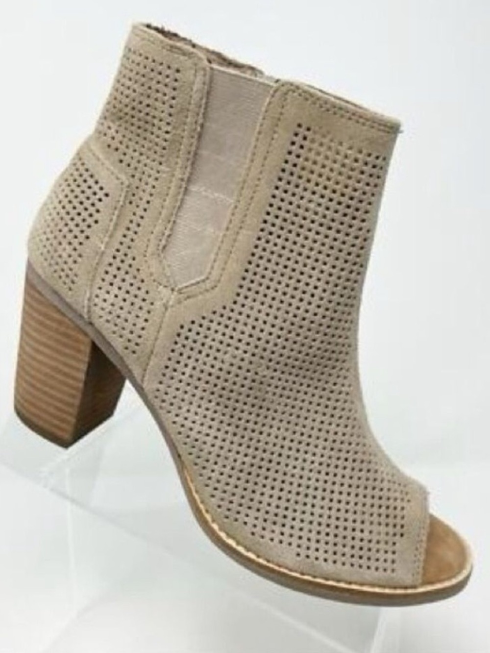TOMS Suede Heeled Ankle Boots Open Toe Taupe Tan Gray Size 8 Perforated Bohemian - Picture 3 of 11